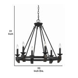 Benzara 6 Bulb Metal Frame Wagon Wheel Candle Chandelier with Wooden Accents, Black BM223076 Black Metal BM223076