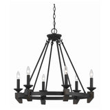 6 Bulb Metal Frame Wagon Wheel Candle Chandelier with Wooden Accents, Black