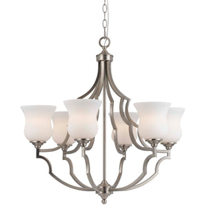 Benzara 6 Bulb Uplight Chandelier with Metal Frame and Glass Shades,Silver and White BM223080 Silver and White Metal and Glass BM223080