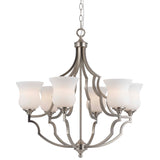 Benzara 6 Bulb Uplight Chandelier with Metal Frame and Glass Shades,Silver and White BM223080 Silver and White Metal and Glass BM223080