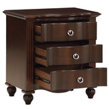 Benzara 3 Drawer Nightstand with Routed Pilasters and Turned Feet, Brown BM223084 Brown Solid Wood, Veneer BM223084