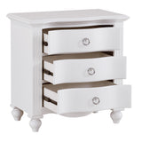 Benzara 3 Drawer Nightstand with Routed Pilasters and Turned Feet, White BM223090 White Solid Wood, Veneer BM223090