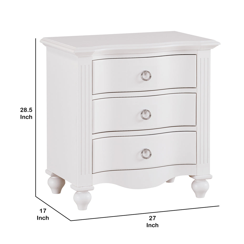 Benzara 3 Drawer Nightstand with Routed Pilasters and Turned Feet, White BM223090 White Solid Wood, Veneer BM223090