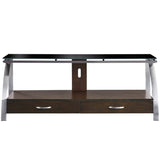 Benzara 2 Drawer Wooden TV Stand with Glass Top and Metal Support, Brown and Chrome BM223107 Brown and Chrome Solid Wood, Veneer, Metal and Glass BM223107