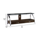 Benzara 2 Drawer Wooden TV Stand with Glass Top and Metal Support, Brown and Chrome BM223107 Brown and Chrome Solid Wood, Veneer, Metal and Glass BM223107