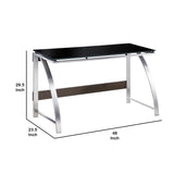Benzara Wooden Writing Desk with Glass Top and Metal Support, Brown and Chrome BM223108 Brown and Chrome Solid Wood, Veneer, Metal and Glass BM223108