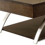 Benzara Wooden Lift Top Cocktail Table with Bottom Shelf, Brown and Chrome BM223109 Brown and Chrome Veneer, Engineered Wood and Metal BM223109