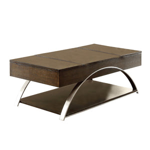 Benzara Wooden Lift Top Cocktail Table with Bottom Shelf, Brown and Chrome BM223109 Brown and Chrome Veneer, Engineered Wood and Metal BM223109