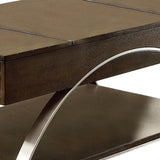 Benzara Wooden Lift Top Cocktail Table with Bottom Shelf, Brown and Chrome BM223109 Brown and Chrome Veneer, Engineered Wood and Metal BM223109