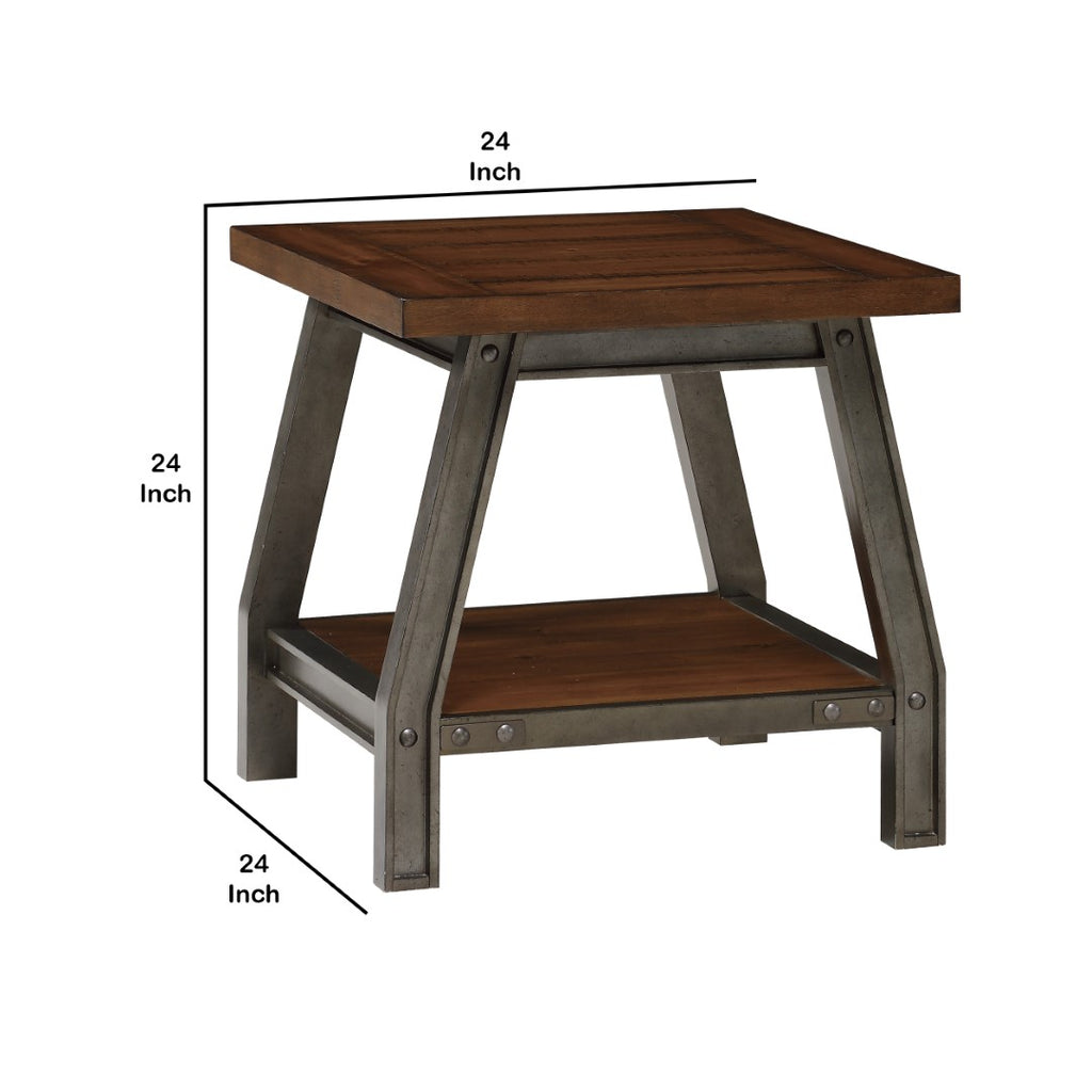 Benzara Wooden Top End Table with Open Shelf and Rivet Accents, Brown and Gray BM223148 Brown and Gray Solid Wood, Veneer, Metal and Engineered Wood BM223148