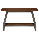 Benzara Wooden Top Sofa Table with Open Shelf and Rivet Accents, Brown and Gray BM223149 Brown and Gray Solid Wood, Veneer, Metal and Engineered Wood BM223149