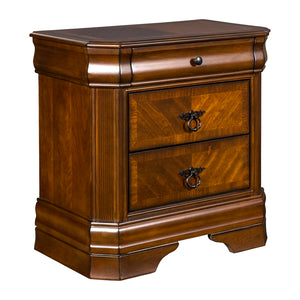 Benzara 3 Drawer Wooden Nightstand with Sled Base and Metal Ring Pulls, Brown BM223262 Brown Solid Wood and Veneer BM223262