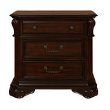 Benzara 3 Drawer Wooden Nightstand with Molded Details and Metal Pulls, Brown BM223269 Brown Solid Wood and Veneer BM223269