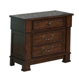 Benzara 3 Drawer Wooden Nightstand with Metal Bar Handle and Knobs, Brown BM223278 Brown Solid Wood and Veneer BM223278