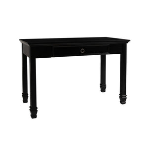 Benzara Single Drawer Wooden Desk with Metal Ring Pull and Tapered Legs, Black BM223279 Black Solid Wood and Veneer BM223279