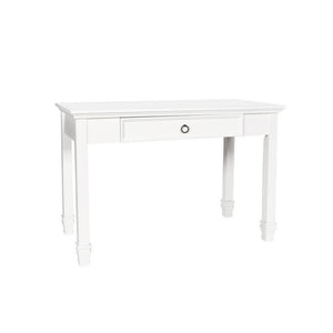 Benzara Single Drawer Wooden Desk with Metal Ring Pull and Tapered Legs, White BM223281 White Solid Wood and Veneer BM223281