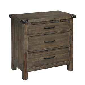 Benzara 3 Drawer Wooden Nightstand with Metal Corner Brackets and Rivets, Brown BM223285 Brown Solid Wood and Veneer BM223285