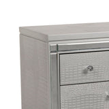 Benzara 3 Drawer Wooden Nightstand with Mirror Accents and Faux Crystal Pulls, Gray BM223289 Silver Solid Wood BM223289