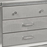 Benzara 3 Drawer Wooden Nightstand with Mirror Accents and Faux Crystal Pulls, Gray BM223289 Silver Solid Wood BM223289