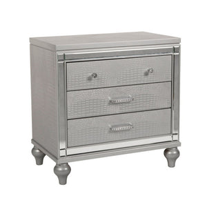 Benzara 3 Drawer Wooden Nightstand with Mirror Accents and Faux Crystal Pulls, Gray BM223289 Silver Solid Wood BM223289