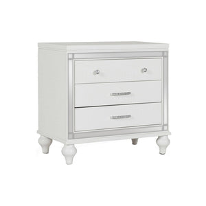 Benzara 3 Drawer Wooden Nightstand with Mirror Accents and Faux Crystal Pulls,White BM223290 White Solid Wood BM223290