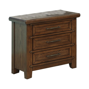 Benzara Wooden Nightstand with Three drawers and Metal Bar Handles, Brown BM223296 Brown Solid Wood BM223296