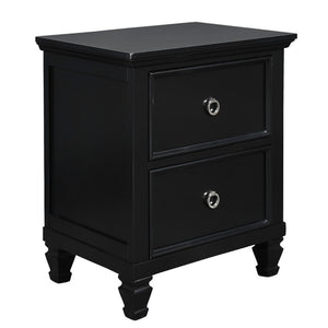 Benzara 2 Drawer Wooden nightstand with Tapered Legs and Metal Rings, Black BM223297 Black Solid Wood BM223297