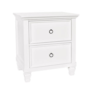 Benzara 2 Drawer Wooden nightstand with Tapered Legs and Metal Rings, White BM223300 White Solid Wood BM223300