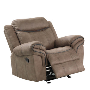 Benzara Leatherette Glider Reclining Chair with Black Piping, Light Brown BM223341 Brown Solid Wood, Leather and Metal BM223341