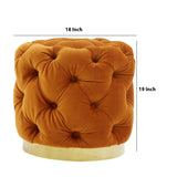 Benzara Fabric Upholstered Round Ottoman with Button Tufting and Metal Base, Orange BM223438 Orange Solid Wood, Metal and Fabric BM223438