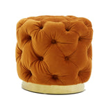 Benzara Fabric Upholstered Round Ottoman with Button Tufting and Metal Base, Orange BM223438 Orange Solid Wood, Metal and Fabric BM223438