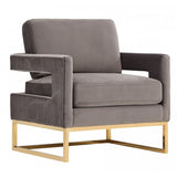 Benzara Open Design Fabric Upholstered Lounge Chair with Steel Base, Gray and Gold BM223463 Gray and Gold Metal and Fabric BM223463