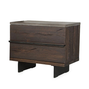 Benzara Textured Concrete Top Nightstand with Metal Panel Legs, Brown and Black BM223466 Brown and Black Concrete, Solid Wood and Metal BM223466