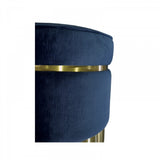 Benzara Fabric Upholstered Round Ottoman with Metal Trim and Base, Blue and Gold BM223469 Blue and Gold Solid Wood, Metal and Fabric BM223469