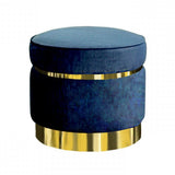 Benzara Fabric Upholstered Round Ottoman with Metal Trim and Base, Blue and Gold BM223469 Blue and Gold Solid Wood, Metal and Fabric BM223469
