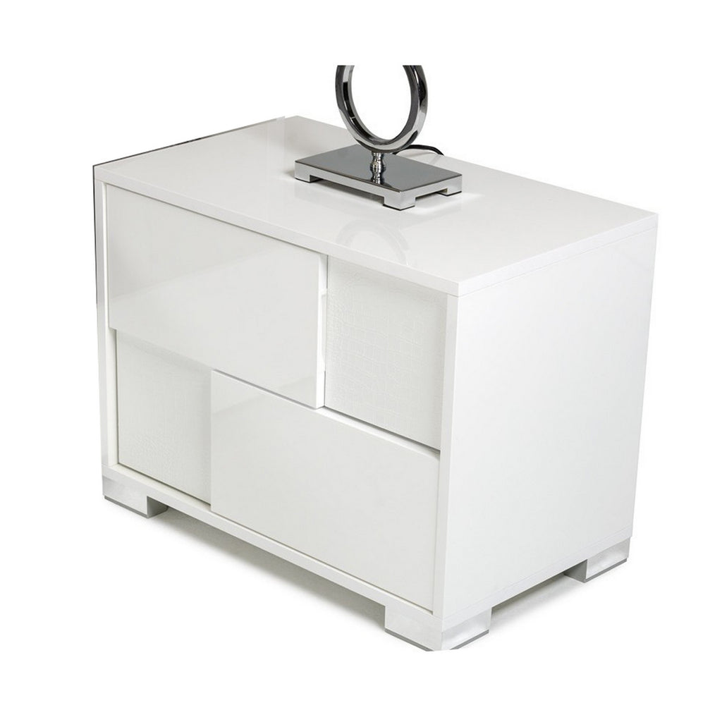 Benzara Textured Front 2 Drawer Nightstand with Metal Block Feet, White BM223474 White Solid Wood, MDF and Metal BM223474