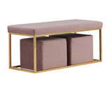 Benzara Fabric Bench with Stainless Steel Base with 2 Ottomans, Purple BM223481 Purple Metal and Fabric BM223481