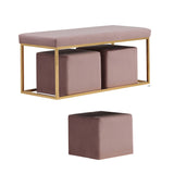 Benzara Fabric Bench with Stainless Steel Base with 2 Ottomans, Purple BM223481 Purple Metal and Fabric BM223481