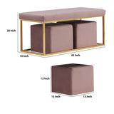 Benzara Fabric Bench with Stainless Steel Base with 2 Ottomans, Purple BM223481 Purple Metal and Fabric BM223481