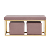 Benzara Fabric Bench with Stainless Steel Base with 2 Ottomans, Purple BM223481 Purple Metal and Fabric BM223481