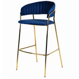 Benzara Fabric Upholstered Barstool with Vertical Tufting, Set of 2, Blue and Gold BM223508 Blue and Gold Metal and Fabric BM223508