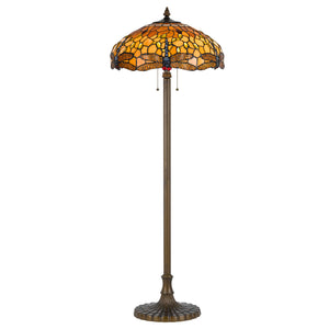 Benzara 2 Bulb Tiffany Floor Lamp with Dragonfly Design Shade, Multicolor BM223536 Multicolor Metal and Glass BM223536