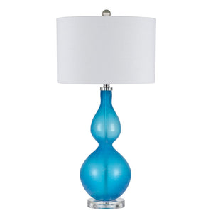 Benzara Resin Table Lamp with Turned Body and Fabric Drum Shade, Blue and White BM223593 Blue and White Resin and Fabric BM223593