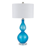 Resin Table Lamp with Turned Body and Fabric Drum Shade, Blue and White