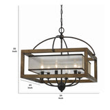 Benzara 6 Bulb Square Chandelier with Wooden Frame and Organza Striped Shade, Brown BM223594 Brown Solid Wood, Metal and Fabric BM223594