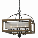 Benzara 6 Bulb Square Chandelier with Wooden Frame and Organza Striped Shade, Brown BM223594 Brown Solid Wood, Metal and Fabric BM223594