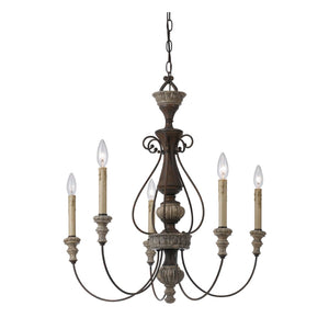 Benzara 5 Light Metal Candle Chandelier with Scrolled Details, Gray and Brown BM223596 Gray and Brown Metal BM223596