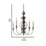 Benzara 5 Light Metal Candle Chandelier with Scrolled Details, Gray and Brown BM223596 Gray and Brown Metal BM223596