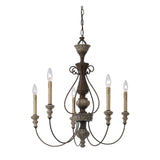 5 Light Metal Candle Chandelier with Scrolled Details, Gray and Brown