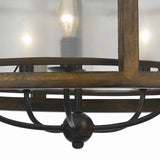 Benzara 5 Bulb Round Chandelier with Wooden Frame and Organza Striped Shade, Brown BM223597 Brown Solid Wood, Metal and Fabric BM223597